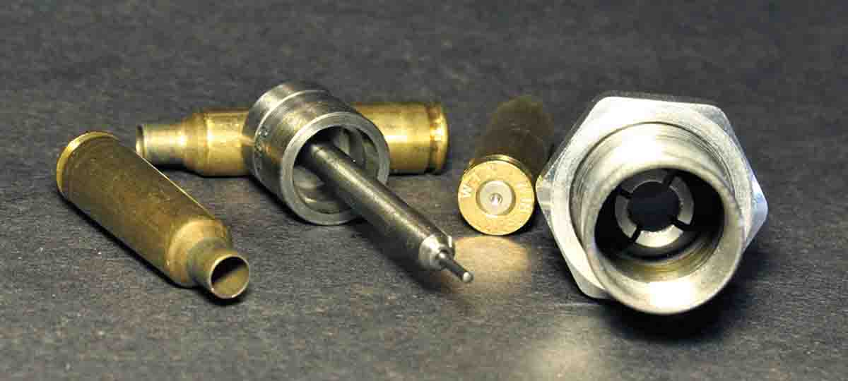 The Lee Collet Die uses steel “fingers” to press the case neck around the mandrel of the decapping pin. This results in straighter seated bullets and finer accuracy.